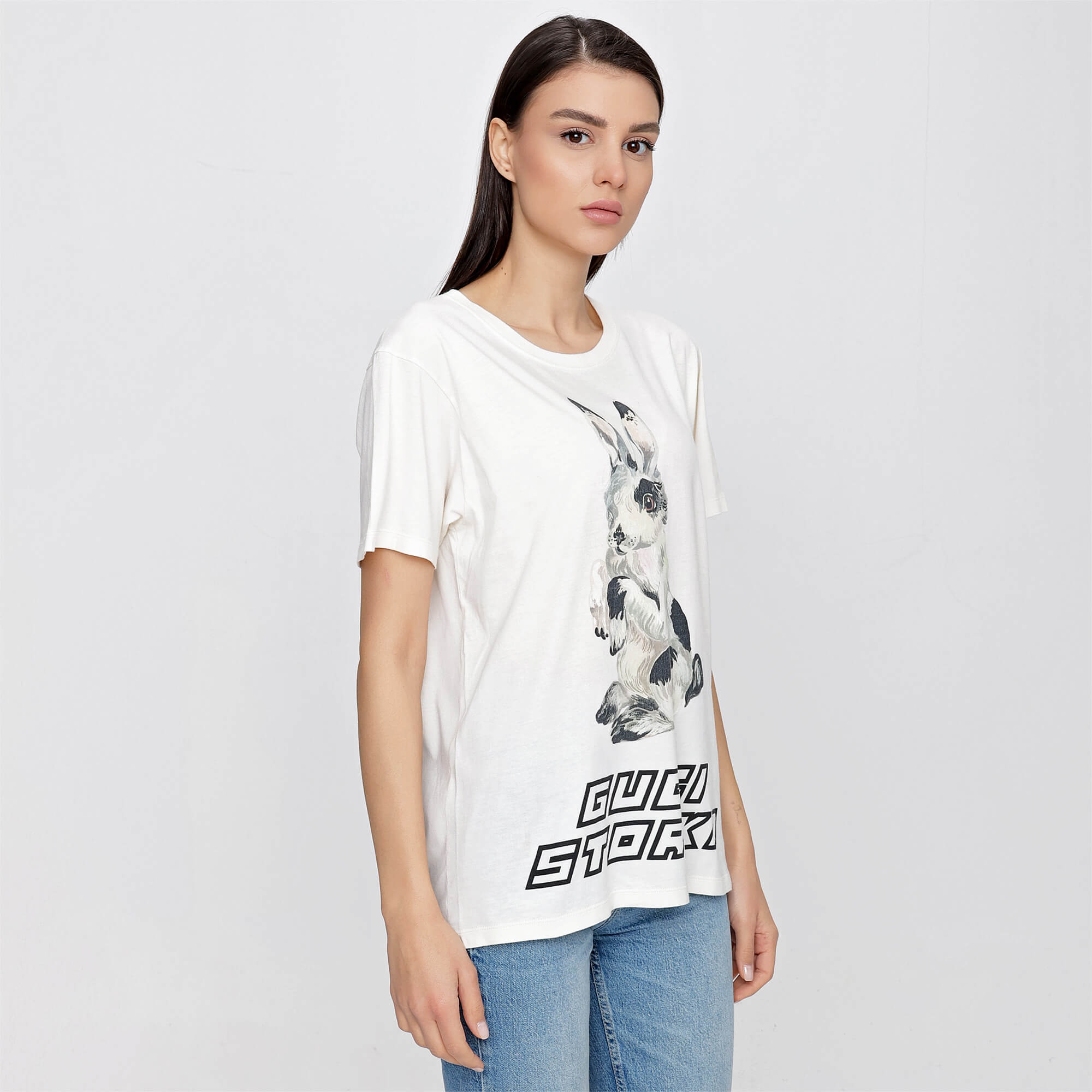 Gucci - Off White Cotton Rabbit Print Storika Tshirt